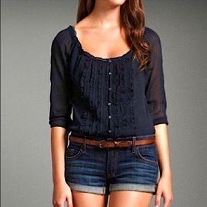 Abercrombie & Fitch Sheer Matte Navy Blue 3/4 Sleeve Peasant Style Cinch Top, S